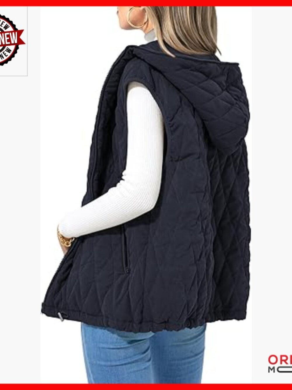 Sleeveless Hooded Quilted Vest with Pockets, Zipper Closure, Loose Fit